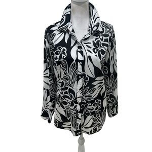 Talbots Black White Floral 100% cotton lightweight button up shirt Blouse large